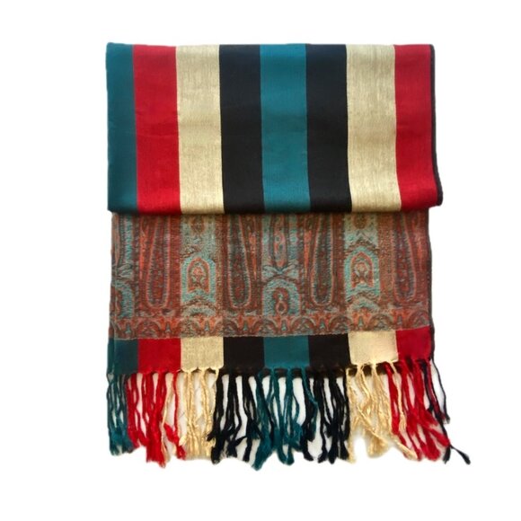 Pashmina Scarf Bold Stripes & Pattern Turquoise Red Navy Tan Gold Fringe EUC - Picture 1 of 7